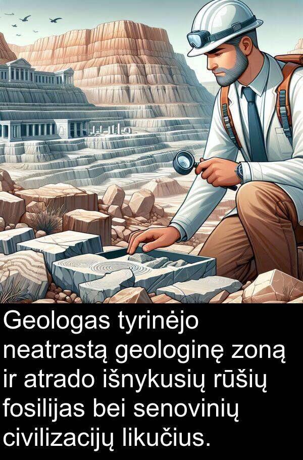 civilizacijų: Geologas tyrinėjo neatrastą geologinę zoną ir atrado išnykusių rūšių fosilijas bei senovinių civilizacijų likučius.