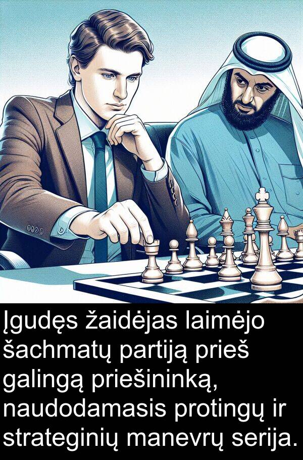 žaidėjas: Įgudęs žaidėjas laimėjo šachmatų partiją prieš galingą priešininką, naudodamasis protingų ir strateginių manevrų serija.