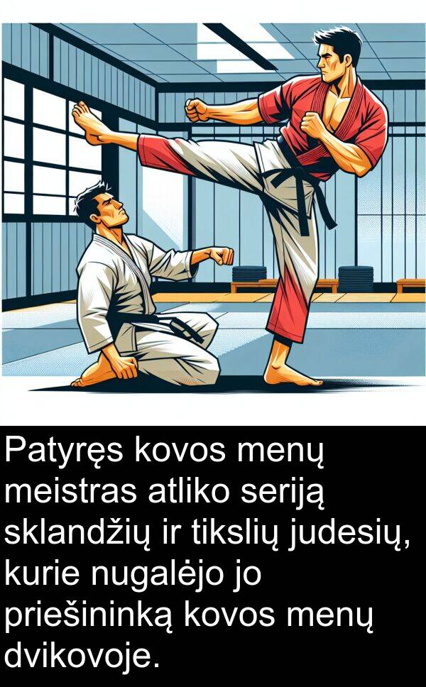 judesių: Patyręs kovos menų meistras atliko seriją sklandžių ir tikslių judesių, kurie nugalėjo jo priešininką kovos menų dvikovoje.