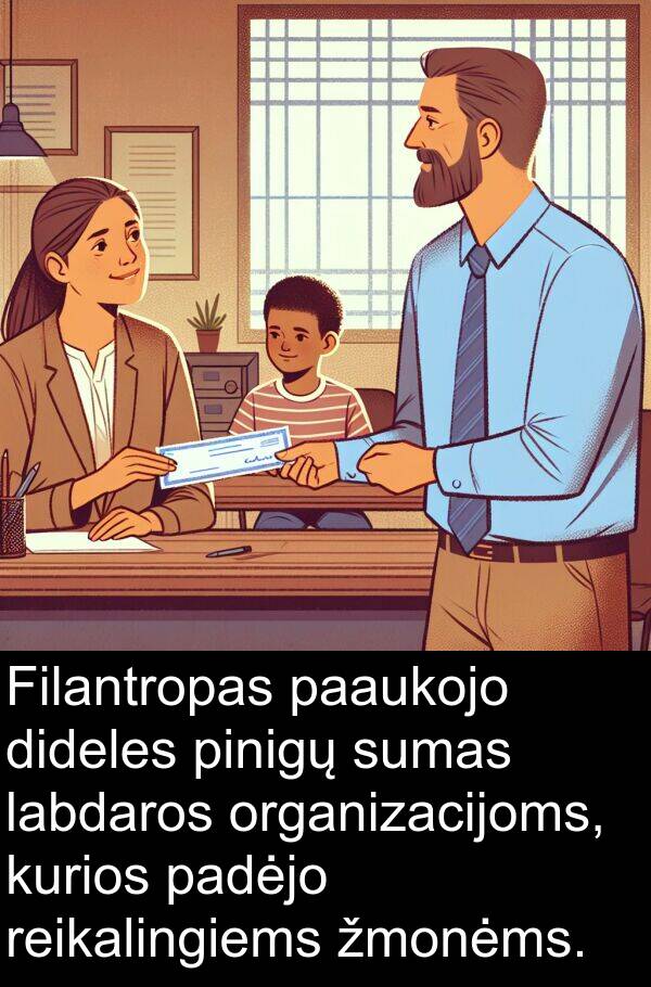 labdaros: Filantropas paaukojo dideles pinigų sumas labdaros organizacijoms, kurios padėjo reikalingiems žmonėms.