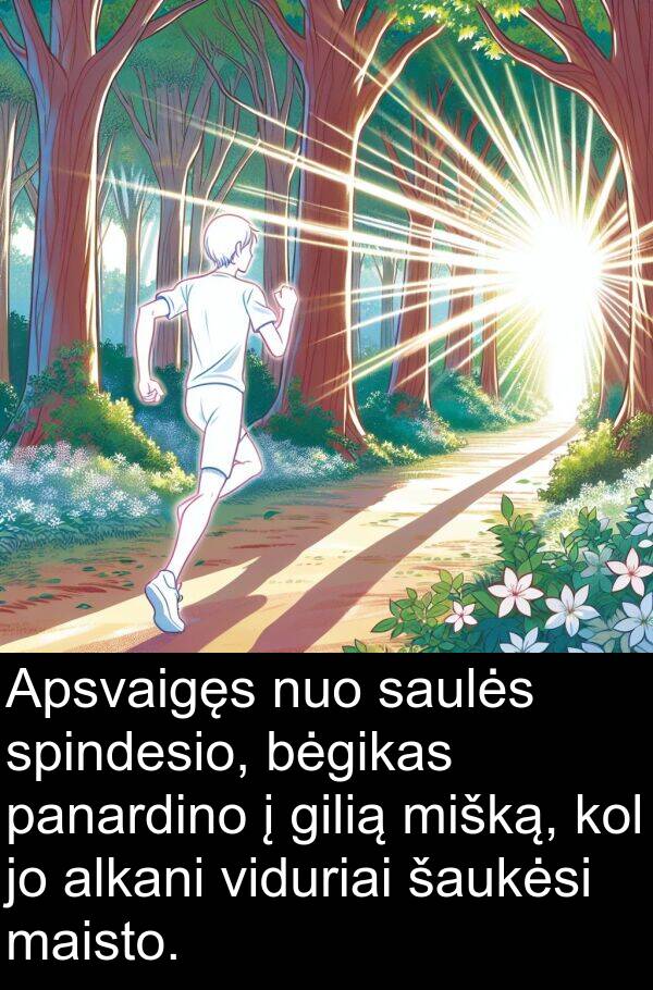 maisto: Apsvaigęs nuo saulės spindesio, bėgikas panardino į gilią mišką, kol jo alkani viduriai šaukėsi maisto.