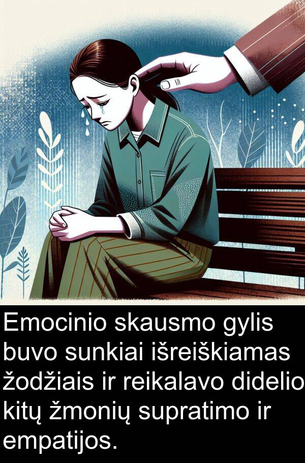 empatijos: Emocinio skausmo gylis buvo sunkiai išreiškiamas žodžiais ir reikalavo didelio kitų žmonių supratimo ir empatijos.