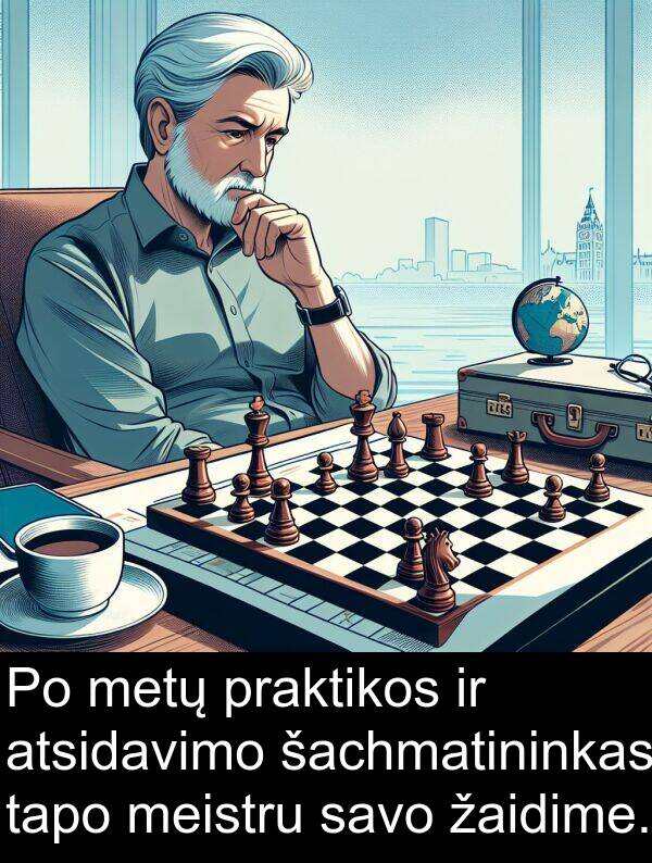 žaidime: Po metų praktikos ir atsidavimo šachmatininkas tapo meistru savo žaidime.