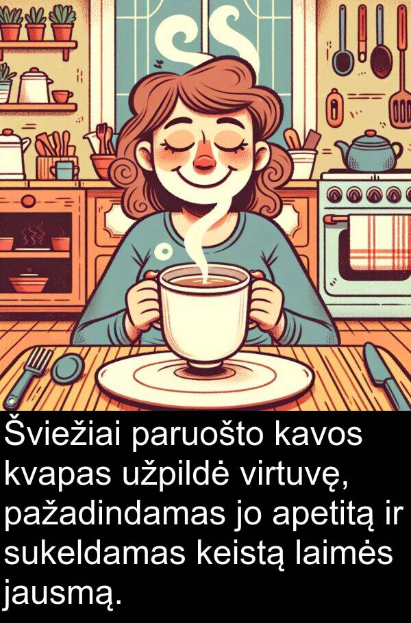 laimės: Šviežiai paruošto kavos kvapas užpildė virtuvę, pažadindamas jo apetitą ir sukeldamas keistą laimės jausmą.