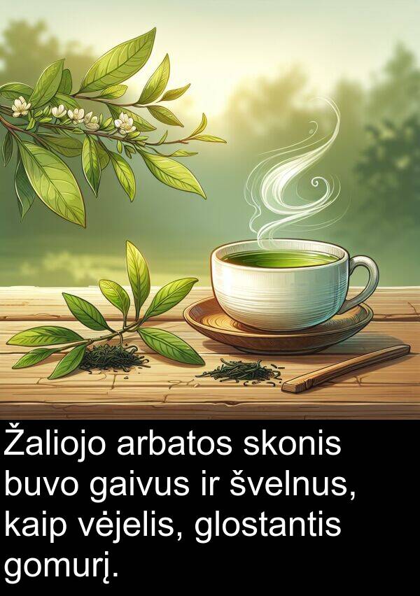 gaivus: Žaliojo arbatos skonis buvo gaivus ir švelnus, kaip vėjelis, glostantis gomurį.