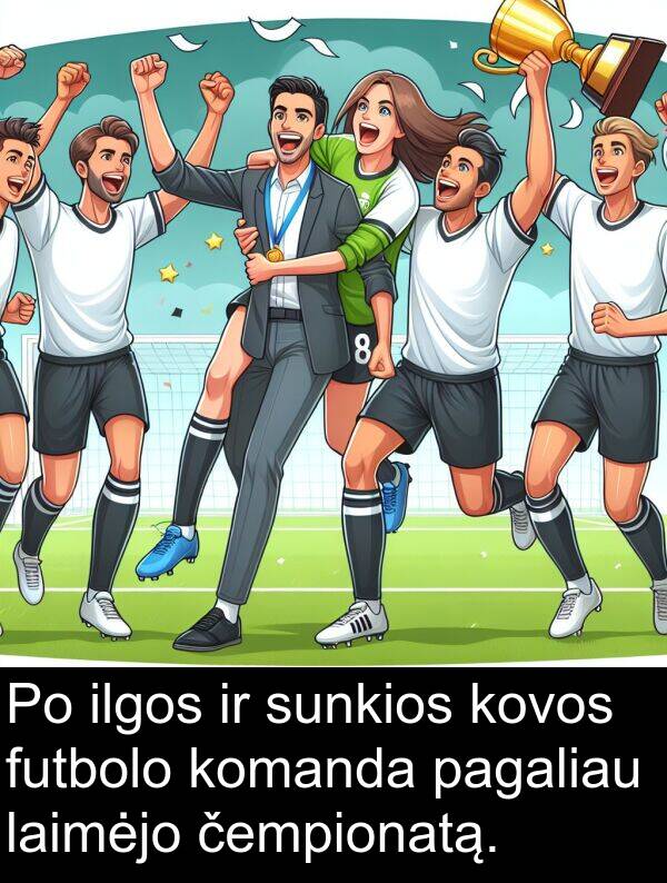 čempionatą: Po ilgos ir sunkios kovos futbolo komanda pagaliau laimėjo čempionatą.