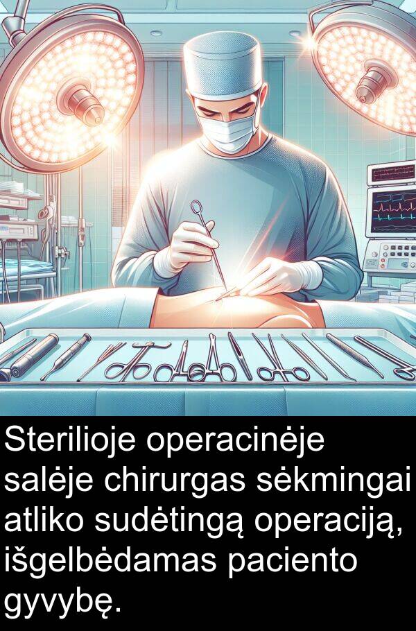 chirurgas: Sterilioje operacinėje salėje chirurgas sėkmingai atliko sudėtingą operaciją, išgelbėdamas paciento gyvybę.