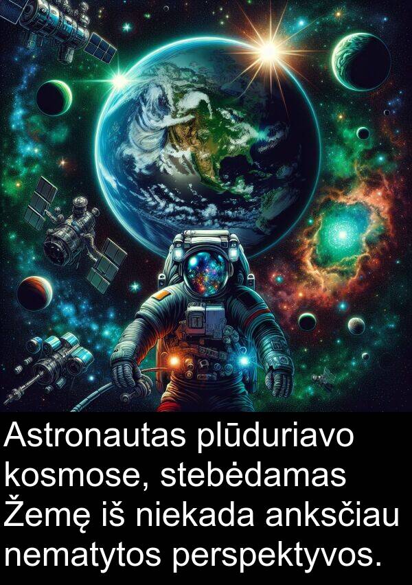 niekada: Astronautas plūduriavo kosmose, stebėdamas Žemę iš niekada anksčiau nematytos perspektyvos.