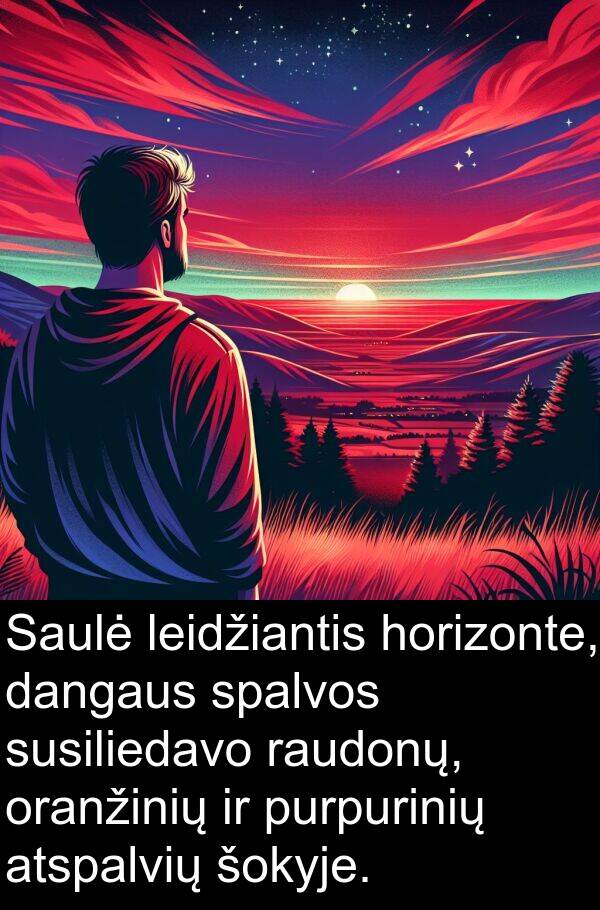 dangaus: Saulė leidžiantis horizonte, dangaus spalvos susiliedavo raudonų, oranžinių ir purpurinių atspalvių šokyje.