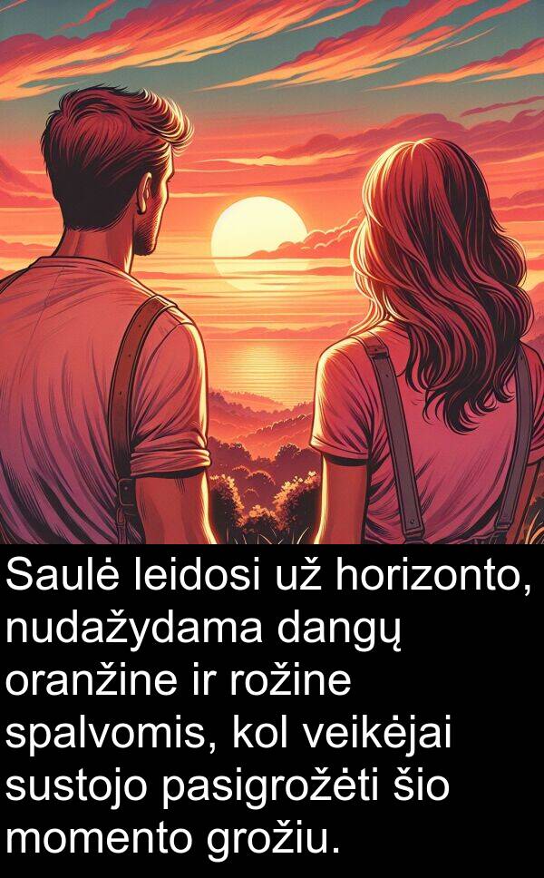dangų: Saulė leidosi už horizonto, nudažydama dangų oranžine ir rožine spalvomis, kol veikėjai sustojo pasigrožėti šio momento grožiu.