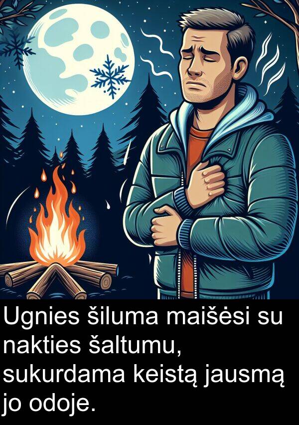 nakties: Ugnies šiluma maišėsi su nakties šaltumu, sukurdama keistą jausmą jo odoje.