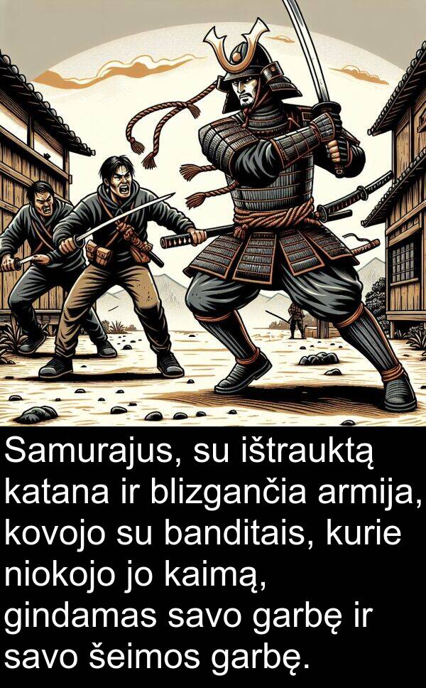banditais: Samurajus, su ištrauktą katana ir blizgančia armija, kovojo su banditais, kurie niokojo jo kaimą, gindamas savo garbę ir savo šeimos garbę.