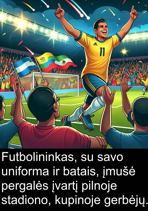 uniforma: Futbolininkas, su savo uniforma ir batais, įmušė pergalės įvartį pilnoje stadiono, kupinoje gerbėjų.
