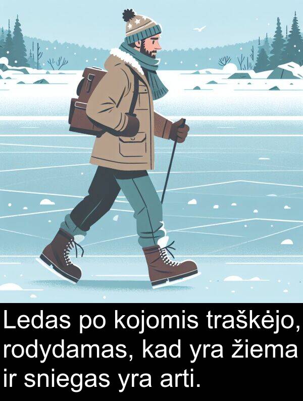 traškėjo: Ledas po kojomis traškėjo, rodydamas, kad yra žiema ir sniegas yra arti.