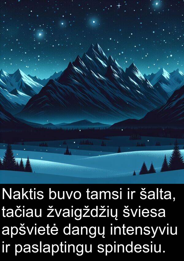 dangų: Naktis buvo tamsi ir šalta, tačiau žvaigždžių šviesa apšvietė dangų intensyviu ir paslaptingu spindesiu.