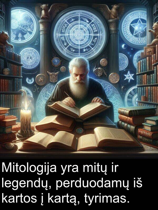 tyrimas: Mitologija yra mitų ir legendų, perduodamų iš kartos į kartą, tyrimas.