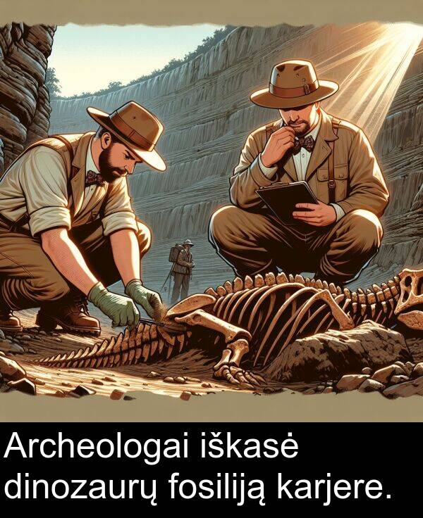 iškasė: Archeologai iškasė dinozaurų fosiliją karjere.