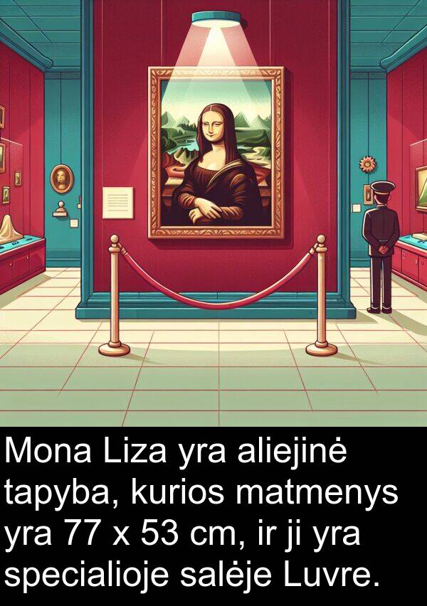 tapyba: Mona Liza yra aliejinė tapyba, kurios matmenys yra 77 x 53 cm, ir ji yra specialioje salėje Luvre.