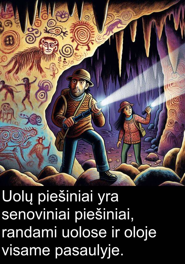 oloje: Uolų piešiniai yra senoviniai piešiniai, randami uolose ir oloje visame pasaulyje.