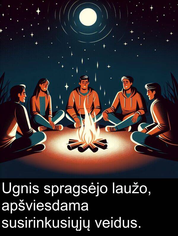 apšviesdama: Ugnis spragsėjo laužo, apšviesdama susirinkusiųjų veidus.