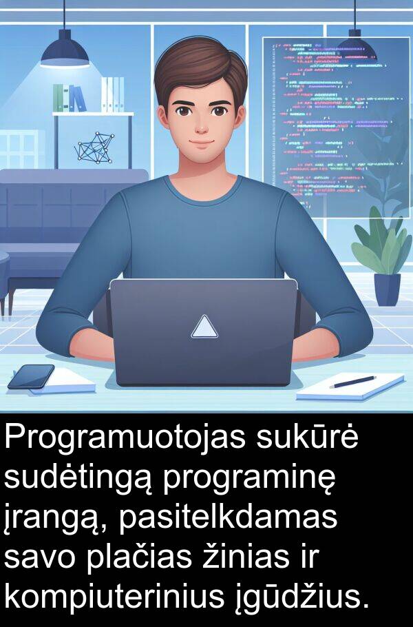 įgūdžius: Programuotojas sukūrė sudėtingą programinę įrangą, pasitelkdamas savo plačias žinias ir kompiuterinius įgūdžius.
