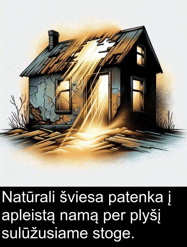 namą: Natūrali šviesa patenka į apleistą namą per plyšį sulūžusiame stoge.