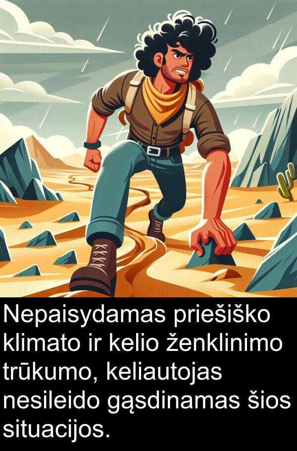 ženklinimo: Nepaisydamas priešiško klimato ir kelio ženklinimo trūkumo, keliautojas nesileido gąsdinamas šios situacijos.