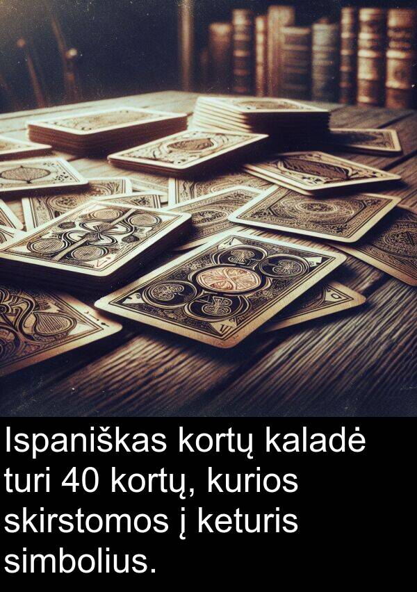 kaladė: Ispaniškas kortų kaladė turi 40 kortų, kurios skirstomos į keturis simbolius.