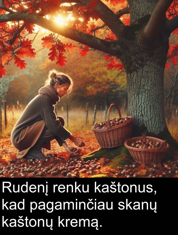 kremą: Rudenį renku kaštonus, kad pagaminčiau skanų kaštonų kremą.