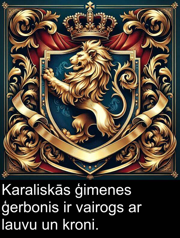 kroni: Karaliskās ģimenes ģerbonis ir vairogs ar lauvu un kroni.