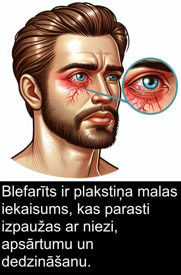 plakstiņa: Blefarīts ir plakstiņa malas iekaisums, kas parasti izpaužas ar niezi, apsārtumu un dedzināšanu.