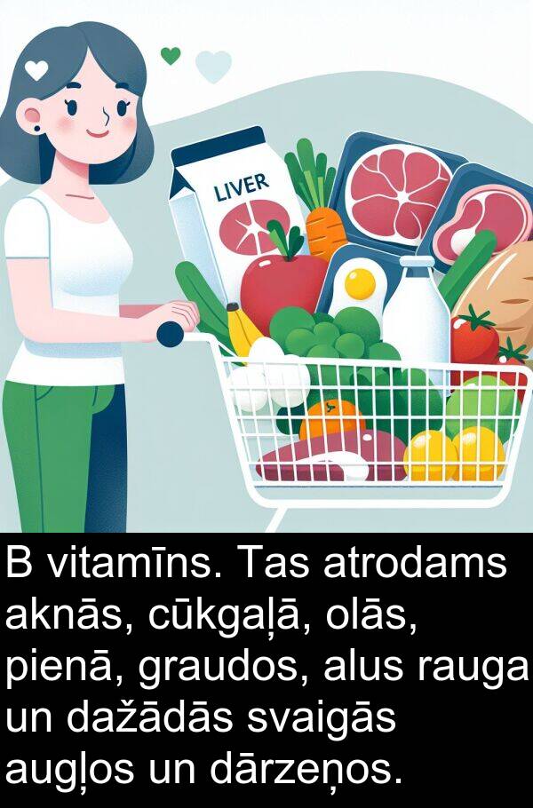 pienā: B vitamīns. Tas atrodams aknās, cūkgaļā, olās, pienā, graudos, alus rauga un dažādās svaigās augļos un dārzeņos.