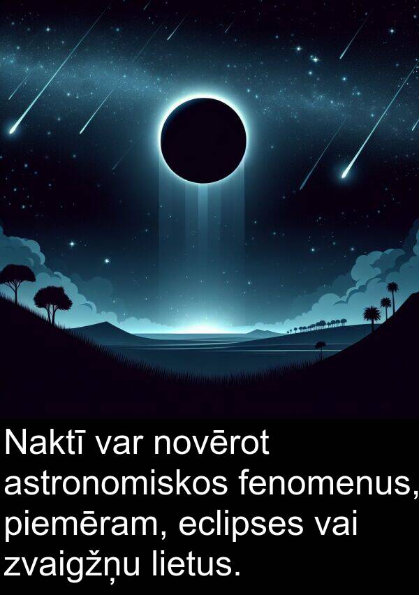 eclipses: Naktī var novērot astronomiskos fenomenus, piemēram, eclipses vai zvaigžņu lietus.