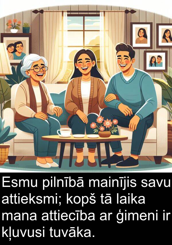 kopš: Esmu pilnībā mainījis savu attieksmi; kopš tā laika mana attiecība ar ģimeni ir kļuvusi tuvāka.