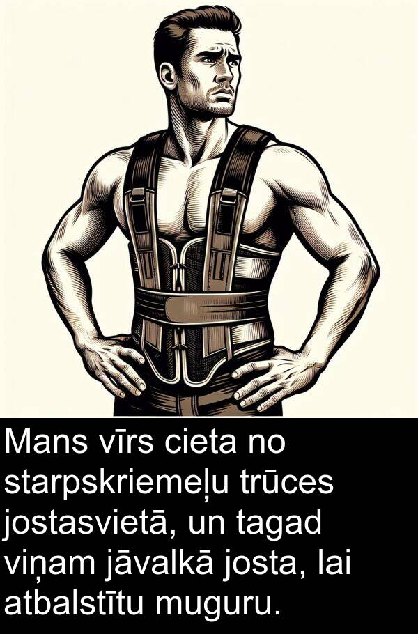 vīrs: Mans vīrs cieta no starpskriemeļu trūces jostasvietā, un tagad viņam jāvalkā josta, lai atbalstītu muguru.
