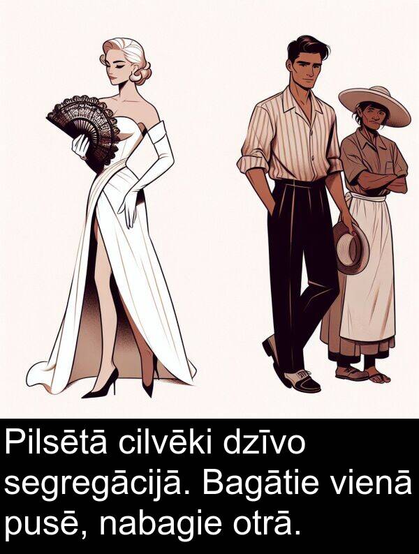 otrā: Pilsētā cilvēki dzīvo segregācijā. Bagātie vienā pusē, nabagie otrā.