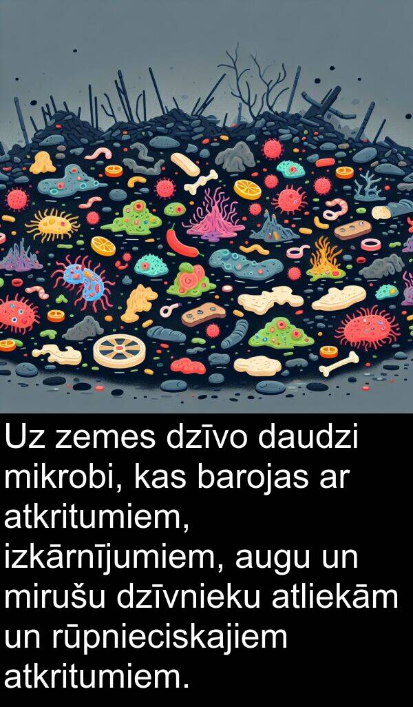 zemes: Uz zemes dzīvo daudzi mikrobi, kas barojas ar atkritumiem, izkārnījumiem, augu un mirušu dzīvnieku atliekām un rūpnieciskajiem atkritumiem.