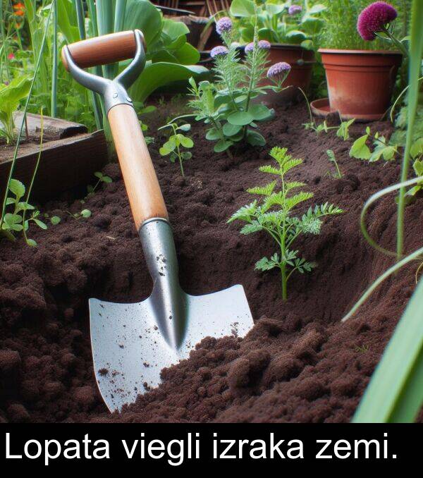 zemi: Lopata viegli izraka zemi.