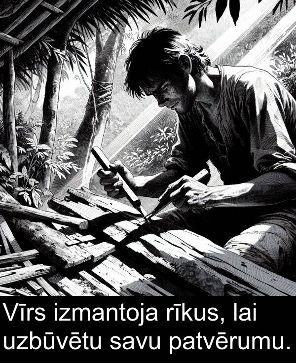 rīkus: Vīrs izmantoja rīkus, lai uzbūvētu savu patvērumu.