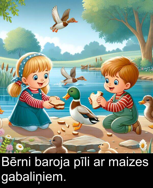 maizes: Bērni baroja pīli ar maizes gabaliņiem.