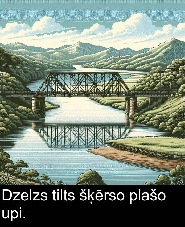 upi: Dzelzs tilts šķērso plašo upi.