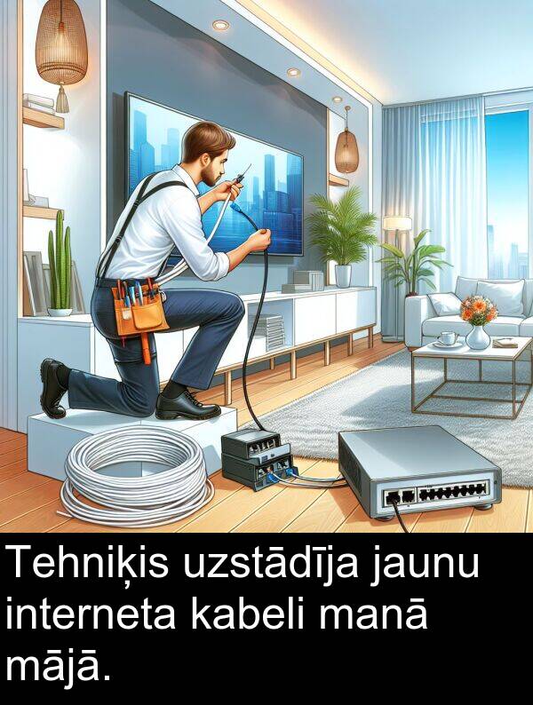 mājā: Tehniķis uzstādīja jaunu interneta kabeli manā mājā.