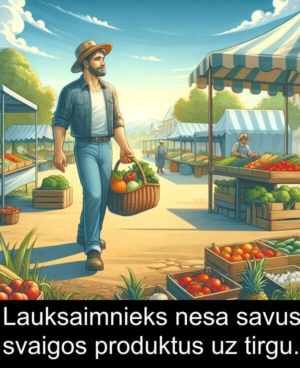 produktus: Lauksaimnieks nesa savus svaigos produktus uz tirgu.