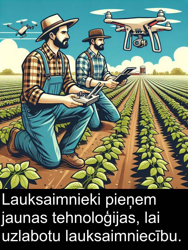 lauksaimniecību: Lauksaimnieki pieņem jaunas tehnoloģijas, lai uzlabotu lauksaimniecību.