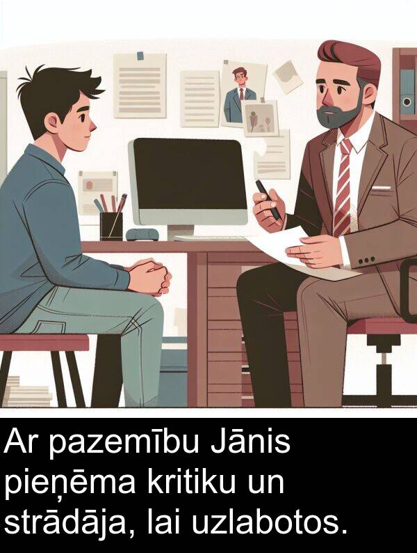 kritiku: Ar pazemību Jānis pieņēma kritiku un strādāja, lai uzlabotos.