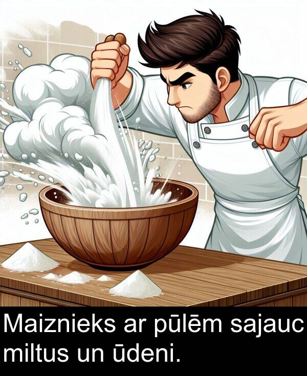 ūdeni: Maiznieks ar pūlēm sajauc miltus un ūdeni.