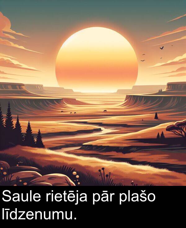 līdzenumu: Saule rietēja pār plašo līdzenumu.