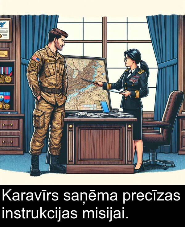 saņēma: Karavīrs saņēma precīzas instrukcijas misijai.