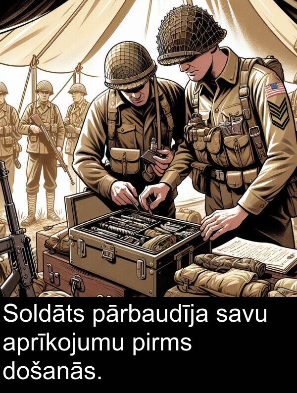 aprīkojumu: Soldāts pārbaudīja savu aprīkojumu pirms došanās.