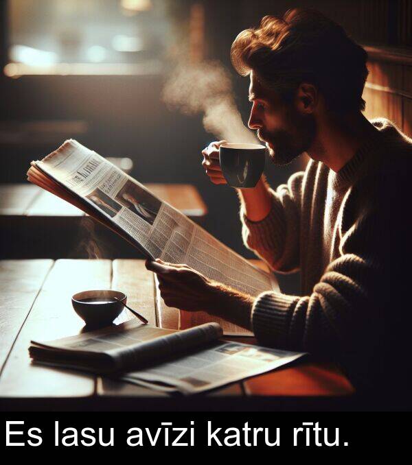 avīzi: Es lasu avīzi katru rītu.